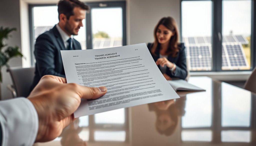 A business meeting scene focused on the transfer agreement for an EDF OA solar energy contract. In the foreground, a hand holding a detailed legal document with visible clauses and signatures. The middle ground features two professionals in business attire, a man and a woman, examining the document collaboratively over a polished table, looking engaged and focused. In the background, a bright, modern office setting with windows showcasing solar panels outside, symbolizing renewable energy. Soft, natural lighting illuminates the scene, enhancing the professionalism and seriousness of the meeting. The atmosphere is one of collaboration and important decision-making, reflecting the central theme of contract transfer in solar energy sales. A business meeting scene focused on the transfer agreement for an EDF OA solar energy contract. In the foreground, a hand holding a detailed legal document with visible clauses and signatures. The middle ground features two professionals in business attire, a man and a woman, examining the document collaboratively over a polished table, looking engaged and focused. In the background, a bright, modern office setting with windows showcasing solar panels outside, symbolizing renewable energy. Soft, natural lighting illuminates the scene, enhancing the professionalism and seriousness of the meeting. The atmosphere is one of collaboration and important decision-making, reflecting the central theme of contract transfer in solar energy sales.