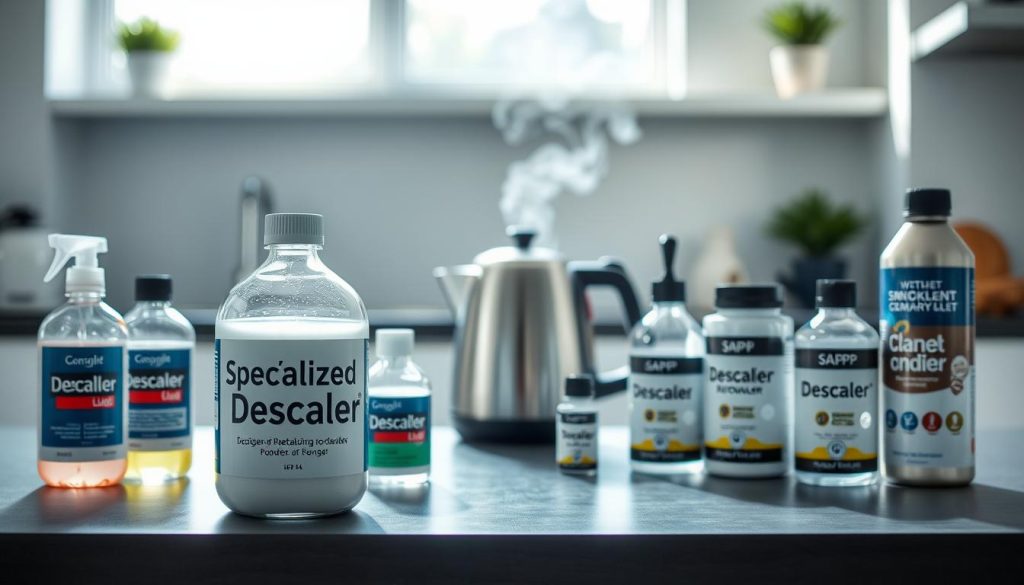 A clean and organized tabletop showcasing a variety of specialized descaling products for kettles, prominently featuring sleek, modern packaging. In the foreground, a bottle labeled "Specialized Descaler" with a shiny surface reflects light, surrounded by smaller bottles of different formulations, such as liquid and powder forms. In the middle, a kettle sits with steam rising, symbolizing the cleaning process. The background includes a soft-focus kitchen setting with bright natural light cascading through a window, creating an inviting atmosphere. The scene conveys efficiency and cleanliness, highlighting the effectiveness of these products in a fresh, well-lit environment. Emphasize clarity and detail without any text or branding overlays. A clean and organized tabletop showcasing a variety of specialized descaling products for kettles, prominently featuring sleek, modern packaging. In the foreground, a bottle labeled "Specialized Descaler" with a shiny surface reflects light, surrounded by smaller bottles of different formulations, such as liquid and powder forms. In the middle, a kettle sits with steam rising, symbolizing the cleaning process. The background includes a soft-focus kitchen setting with bright natural light cascading through a window, creating an inviting atmosphere. The scene conveys efficiency and cleanliness, highlighting the effectiveness of these products in a fresh, well-lit environment. Emphasize clarity and detail without any text or branding overlays.