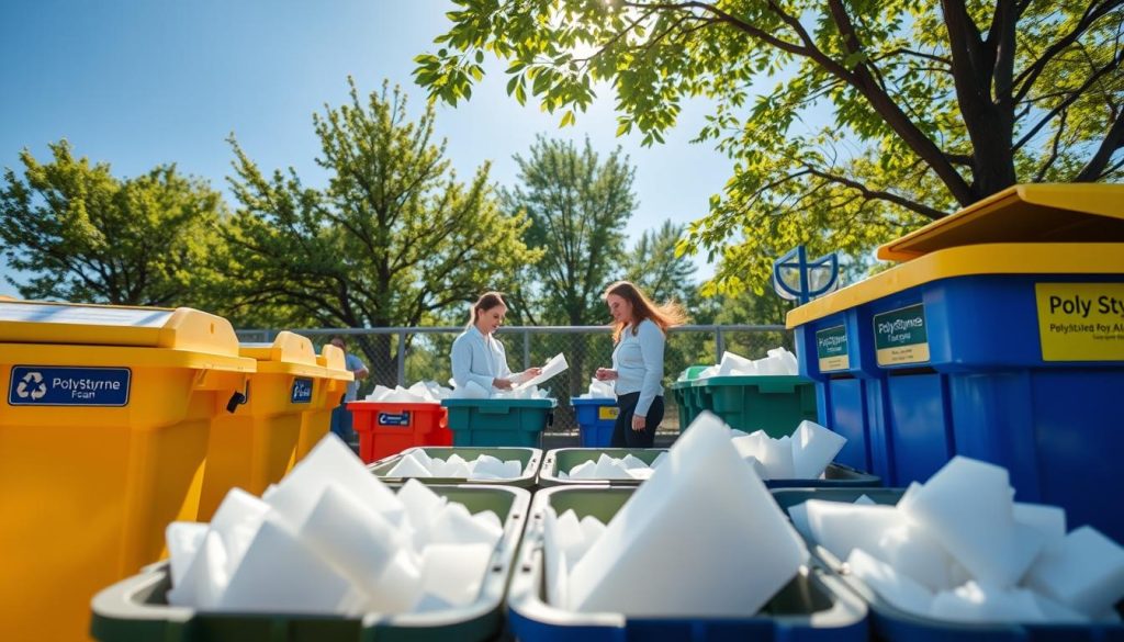 A clean and organized waste collection site specializing in polystyrene recycling, with various collection points clearly labeled. In the foreground, there are large recycling bins with vibrant yellow and blue colors, distinguishing the types of waste, including polystyrene. The middle ground shows recycling staff members in professional attire assisting visitors, carefully sorting polystyrene foam into designated containers. The background features green trees and a bright blue sky, creating an inviting atmosphere. Soft sunlight filters through the leaves, casting gentle shadows on the ground. The scene is composed with a balanced view, highlighting the importance of recycling and proper waste disposal methods for polystyrene. A clean and organized waste collection site specializing in polystyrene recycling, with various collection points clearly labeled. In the foreground, there are large recycling bins with vibrant yellow and blue colors, distinguishing the types of waste, including polystyrene. The middle ground shows recycling staff members in professional attire assisting visitors, carefully sorting polystyrene foam into designated containers. The background features green trees and a bright blue sky, creating an inviting atmosphere. Soft sunlight filters through the leaves, casting gentle shadows on the ground. The scene is composed with a balanced view, highlighting the importance of recycling and proper waste disposal methods for polystyrene.