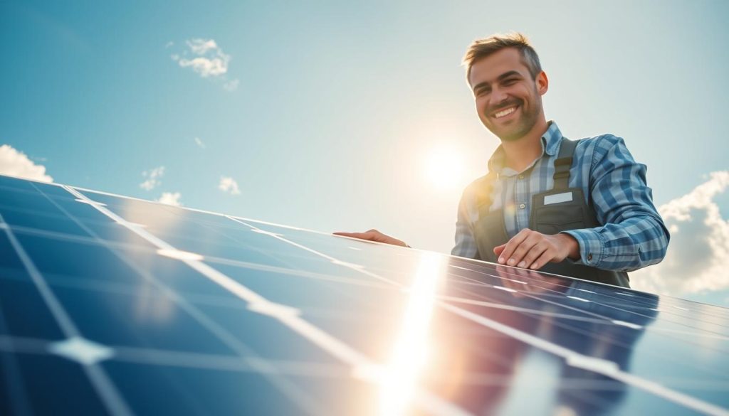 A close-up image of vibrant solar panels installed on a modern rooftop, showcasing their sleek design and reflective surfaces. In the foreground, emphasize the solar panels catching sunlight, illustrating their energy-generating capability. In the middle ground, depict a professional, smiling technician in a business casual outfit, inspecting the panels, symbolizing commitment to quality and service. The background features a clear blue sky with a few fluffy clouds, conveying a sense of optimism and reliability. The lighting is bright and inviting, with the sun positioned at an angle that creates soft shadows. The mood is uplifting and reassuring, reflecting peace of mind concerning long-term investments in solar energy. A close-up image of vibrant solar panels installed on a modern rooftop, showcasing their sleek design and reflective surfaces. In the foreground, emphasize the solar panels catching sunlight, illustrating their energy-generating capability. In the middle ground, depict a professional, smiling technician in a business casual outfit, inspecting the panels, symbolizing commitment to quality and service. The background features a clear blue sky with a few fluffy clouds, conveying a sense of optimism and reliability. The lighting is bright and inviting, with the sun positioned at an angle that creates soft shadows. The mood is uplifting and reassuring, reflecting peace of mind concerning long-term investments in solar energy.
