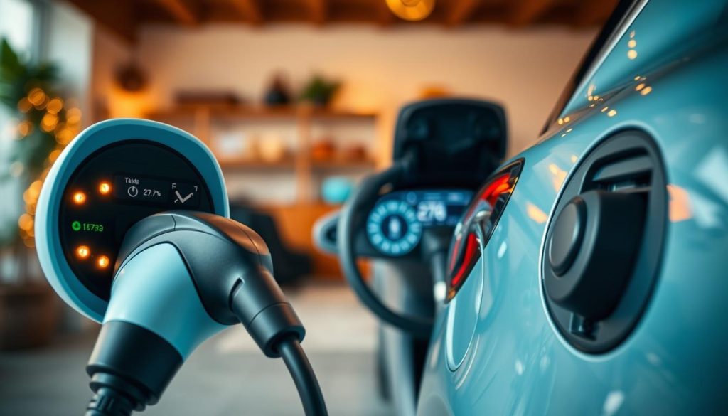 A close-up view of a home electric vehicle charging station, showcasing a sleek, modern electric car connected to a charger. In the foreground, focus on the charging plug with visible indicator lights showing charging status and efficiency metrics. In the middle ground, display the car's dashboard with a digital screen displaying battery percentage, charging time, and usage statistics. In the background, depict a cozy home garage setting with soft ambient lighting, emphasizing the practical aspects of using a domestic charger. The overall mood should evoke a sense of innovation and sustainability, highlighting the technical limitations and efficiency of electric vehicle charging at home. Use natural light to create a warm, inviting atmosphere, with a slight depth of field effect to draw attention to the charging details. A close-up view of a home electric vehicle charging station, showcasing a sleek, modern electric car connected to a charger. In the foreground, focus on the charging plug with visible indicator lights showing charging status and efficiency metrics. In the middle ground, display the car's dashboard with a digital screen displaying battery percentage, charging time, and usage statistics. In the background, depict a cozy home garage setting with soft ambient lighting, emphasizing the practical aspects of using a domestic charger. The overall mood should evoke a sense of innovation and sustainability, highlighting the technical limitations and efficiency of electric vehicle charging at home. Use natural light to create a warm, inviting atmosphere, with a slight depth of field effect to draw attention to the charging details.