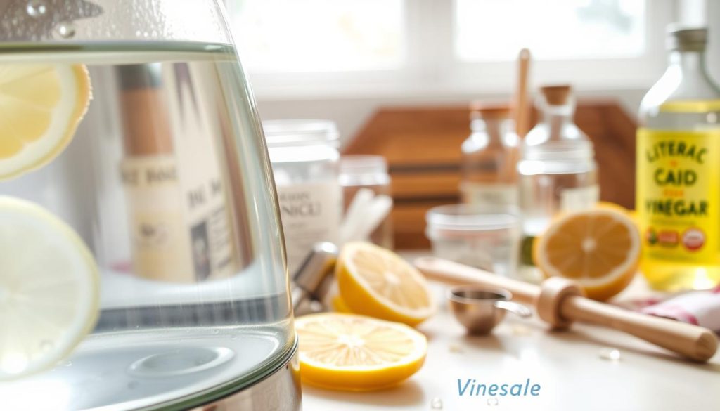 A close-up view of a kettle filled with water, surrounded by various natural ingredients for descaling, such as lemon slices, a jar of citric acid, and a bottle of vinegar. The foreground features the kettle with a light reflecting off its metallic surface, showcasing a few drops of water beading on it. In the middle, there are scattered utensils, like a measuring spoon and a wooden stirring stick, emphasizing a homey kitchen environment. The background is softly blurred, depicting a bright, airy kitchen with sunlight streaming through a window, creating a warm and inviting atmosphere. The overall mood conveys cleanliness and freshness, focusing on effective methods to prevent limescale buildup. A close-up view of a kettle filled with water, surrounded by various natural ingredients for descaling, such as lemon slices, a jar of citric acid, and a bottle of vinegar. The foreground features the kettle with a light reflecting off its metallic surface, showcasing a few drops of water beading on it. In the middle, there are scattered utensils, like a measuring spoon and a wooden stirring stick, emphasizing a homey kitchen environment. The background is softly blurred, depicting a bright, airy kitchen with sunlight streaming through a window, creating a warm and inviting atmosphere. The overall mood conveys cleanliness and freshness, focusing on effective methods to prevent limescale buildup.