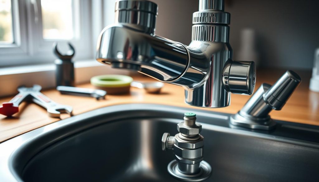 A close-up view of a modern kitchen sink with a shiny chrome faucet, showing the water supply shut-off valve beneath it. The background features neatly arranged plumbing tools such as a wrench, pliers, and Teflon tape on a wooden countertop, subtly suggesting a home improvement environment. Soft, natural light filters in from a nearby window, casting gentle reflections on the faucet's surface, creating a calm and organized atmosphere. The focus is on the faucet and the shut-off valve, highlighting the action of turning off the water. The angle is slightly tilted to convey depth, and the colors are warm and inviting, emphasizing a sense of domestic tranquility. A close-up view of a modern kitchen sink with a shiny chrome faucet, showing the water supply shut-off valve beneath it. The background features neatly arranged plumbing tools such as a wrench, pliers, and Teflon tape on a wooden countertop, subtly suggesting a home improvement environment. Soft, natural light filters in from a nearby window, casting gentle reflections on the faucet's surface, creating a calm and organized atmosphere. The focus is on the faucet and the shut-off valve, highlighting the action of turning off the water. The angle is slightly tilted to convey depth, and the colors are warm and inviting, emphasizing a sense of domestic tranquility.