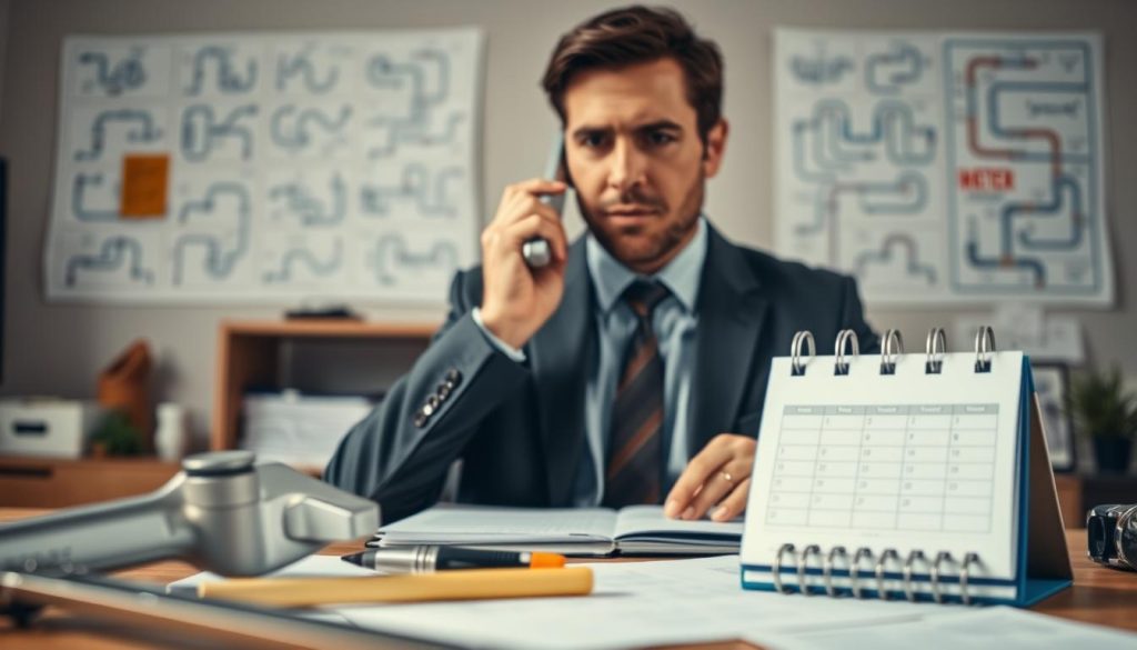 A close-up view of a professional-looking person on the phone, dressed in smart business attire, standing in a home office setting. The expression reflects concern while they are discussing a water issue, likely a cut-off or leak. In the foreground, various tools like a wrench and a notebook are neatly organized, emphasizing the troubleshooting aspect. In the middle, a calendar and a water bill can be seen, subtly hinting at the causes of water interruptions such as unpaid bills or scheduled repairs. The background features a blurred image of plumbing diagrams on a wall, softly lit by natural light streaming in from a window, creating a serious yet professional atmosphere. The overall mood conveys the importance of communication and action in addressing water issues. A close-up view of a professional-looking person on the phone, dressed in smart business attire, standing in a home office setting. The expression reflects concern while they are discussing a water issue, likely a cut-off or leak. In the foreground, various tools like a wrench and a notebook are neatly organized, emphasizing the troubleshooting aspect. In the middle, a calendar and a water bill can be seen, subtly hinting at the causes of water interruptions such as unpaid bills or scheduled repairs. The background features a blurred image of plumbing diagrams on a wall, softly lit by natural light streaming in from a window, creating a serious yet professional atmosphere. The overall mood conveys the importance of communication and action in addressing water issues.