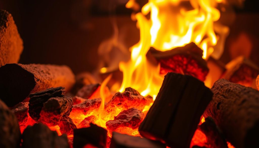 A close-up view of a wood combustion process, showcasing glowing embers and flames in vibrant shades of orange, red, and yellow, with small wisps of smoke curling upward. The foreground features various types of wood logs in various stages of burning, highlighting differences in texture and moisture content. In the middle ground, intense heat radiates from the active fire, illuminating the scene with a warm glow. The background fades into soft shadows, emphasizing the fire's brightness. The setting is a controlled environment, ideally a fire pit or wood stove, conveying a sense of experimentation and analysis. The lighting is warm and dynamic, suggesting a cozy yet intense atmosphere, taken from a low angle to enhance the fiery display without any human presence. The overall mood is focused and scientific, inviting contemplation of combustion temperatures. A close-up view of a wood combustion process, showcasing glowing embers and flames in vibrant shades of orange, red, and yellow, with small wisps of smoke curling upward. The foreground features various types of wood logs in various stages of burning, highlighting differences in texture and moisture content. In the middle ground, intense heat radiates from the active fire, illuminating the scene with a warm glow. The background fades into soft shadows, emphasizing the fire's brightness. The setting is a controlled environment, ideally a fire pit or wood stove, conveying a sense of experimentation and analysis. The lighting is warm and dynamic, suggesting a cozy yet intense atmosphere, taken from a low angle to enhance the fiery display without any human presence. The overall mood is focused and scientific, inviting contemplation of combustion temperatures.