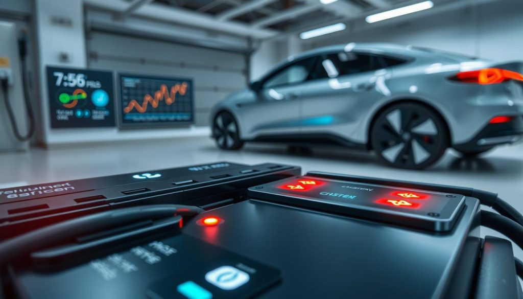 A close-up view of an electric vehicle battery undergoing a charge and discharge cycle. In the foreground, showcase a high-tech battery pack with visible indicators of charge levels and connected cables emitting a soft glow. The middle ground features a digital display with graphs showing charging cycles and efficiency metrics. In the background, a sleek, futuristic electric vehicle is partially visible, parked in a well-lit, modern garage environment. The scene should have bright, clear lighting that highlights the intricate details of the battery technology. Use a slight tilt-angle perspective to convey depth and emphasize the importance of the battery's role in the vehicle's lifespan, creating a focused and engaging atmosphere around the subject matter. A close-up view of an electric vehicle battery undergoing a charge and discharge cycle. In the foreground, showcase a high-tech battery pack with visible indicators of charge levels and connected cables emitting a soft glow. The middle ground features a digital display with graphs showing charging cycles and efficiency metrics. In the background, a sleek, futuristic electric vehicle is partially visible, parked in a well-lit, modern garage environment. The scene should have bright, clear lighting that highlights the intricate details of the battery technology. Use a slight tilt-angle perspective to convey depth and emphasize the importance of the battery's role in the vehicle's lifespan, creating a focused and engaging atmosphere around the subject matter.