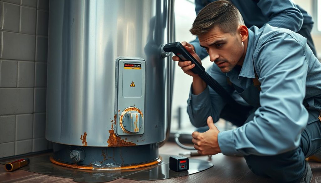 A close-up view of an electric water heater, emphasizing visible symptoms of malfunction such as rust, corrosion, and leaking water around the base. In the foreground, showcase a technician in professional attire examining the unit with a diagnostic tool, looking concerned yet focused. The middle section features the water heater itself, highlighting its metallic surface and any warning indicators like flashing lights. In the background, there are tools scattered on the floor and a faint outline of a bathroom setting to convey context. Use soft, natural lighting to create a serious yet informative atmosphere, with a shallow depth of field to emphasize the heater and technician, suggesting urgency and the need for maintenance. A close-up view of an electric water heater, emphasizing visible symptoms of malfunction such as rust, corrosion, and leaking water around the base. In the foreground, showcase a technician in professional attire examining the unit with a diagnostic tool, looking concerned yet focused. The middle section features the water heater itself, highlighting its metallic surface and any warning indicators like flashing lights. In the background, there are tools scattered on the floor and a faint outline of a bathroom setting to convey context. Use soft, natural lighting to create a serious yet informative atmosphere, with a shallow depth of field to emphasize the heater and technician, suggesting urgency and the need for maintenance.