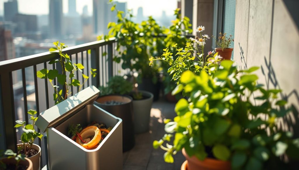 A cozy apartment balcony featuring a stylish compost bin designed for urban living. In the foreground, a sleek composting system made from eco-friendly materials, showcasing vibrant kitchen scraps and garden waste inside. In the middle ground, lush green potted plants flanking the compost bin, thriving in the sunlight, with a few herbs and flowers visible. The background captures a blurred city skyline, hinting at a thriving urban environment. Soft natural light filters through, creating a warm, inviting atmosphere, emphasizing sustainability and eco-conscious living. The angle is slightly elevated, giving a comprehensive view of the composting setup while maintaining the intimate feel of a home space. A cozy apartment balcony featuring a stylish compost bin designed for urban living. In the foreground, a sleek composting system made from eco-friendly materials, showcasing vibrant kitchen scraps and garden waste inside. In the middle ground, lush green potted plants flanking the compost bin, thriving in the sunlight, with a few herbs and flowers visible. The background captures a blurred city skyline, hinting at a thriving urban environment. Soft natural light filters through, creating a warm, inviting atmosphere, emphasizing sustainability and eco-conscious living. The angle is slightly elevated, giving a comprehensive view of the composting setup while maintaining the intimate feel of a home space.