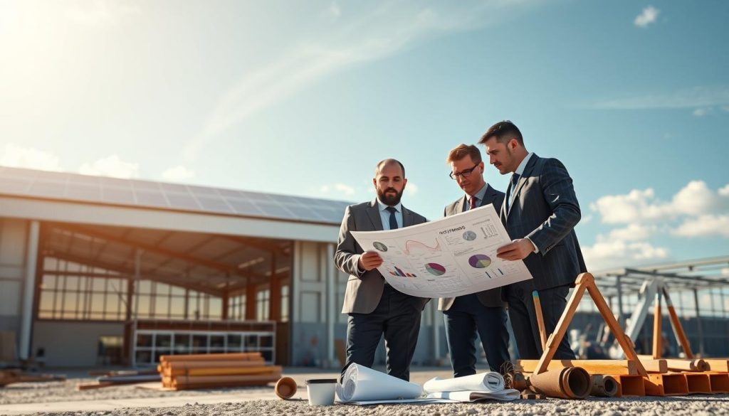 A detailed analysis of the costs associated with a photovoltaic hangar. In the foreground, a modern hangar with solar panels on its roof reflects sunlight, showcasing a blend of innovation and sustainability. In the middle ground, a group of three professionals in business attire is discussing plans over a digital tablet, analyzing graphs and data on photovoltaic efficiency and costs. They are surrounded by various construction materials and tools, highlighting the building aspect. The background features a clear blue sky with soft clouds, illuminating the scene with natural light. The overall mood is focused and informative, emphasizing the importance of renewable energy in construction, with a slight industrial aesthetic. The composition is shot from a slightly elevated angle for a comprehensive view. A detailed analysis of the costs associated with a photovoltaic hangar. In the foreground, a modern hangar with solar panels on its roof reflects sunlight, showcasing a blend of innovation and sustainability. In the middle ground, a group of three professionals in business attire is discussing plans over a digital tablet, analyzing graphs and data on photovoltaic efficiency and costs. They are surrounded by various construction materials and tools, highlighting the building aspect. The background features a clear blue sky with soft clouds, illuminating the scene with natural light. The overall mood is focused and informative, emphasizing the importance of renewable energy in construction, with a slight industrial aesthetic. The composition is shot from a slightly elevated angle for a comprehensive view.