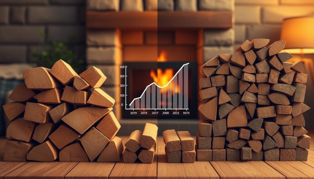 A detailed and informative illustration depicting a comparative analysis of heating wood prices and profitability over time. In the foreground, showcase a split image: on one side, an organized display of traditional firewood logs stacked neatly, and on the other, tightly compressed wood briquettes arranged in an appealing manner. In the middle, include a simple chart or graph, subtly blending into the background, illustrating cost differences and efficiency. The background features a cozy indoor setting with a warm fireplace, soft ambient lighting creating an inviting atmosphere. Capture the scene from a slight angle to add depth, using a warm color palette to convey comfort and reliability. The overall mood should be analytical yet inviting, perfect for a detailed study of heating wood options. A detailed and informative illustration depicting a comparative analysis of heating wood prices and profitability over time. In the foreground, showcase a split image: on one side, an organized display of traditional firewood logs stacked neatly, and on the other, tightly compressed wood briquettes arranged in an appealing manner. In the middle, include a simple chart or graph, subtly blending into the background, illustrating cost differences and efficiency. The background features a cozy indoor setting with a warm fireplace, soft ambient lighting creating an inviting atmosphere. Capture the scene from a slight angle to add depth, using a warm color palette to convey comfort and reliability. The overall mood should be analytical yet inviting, perfect for a detailed study of heating wood options.