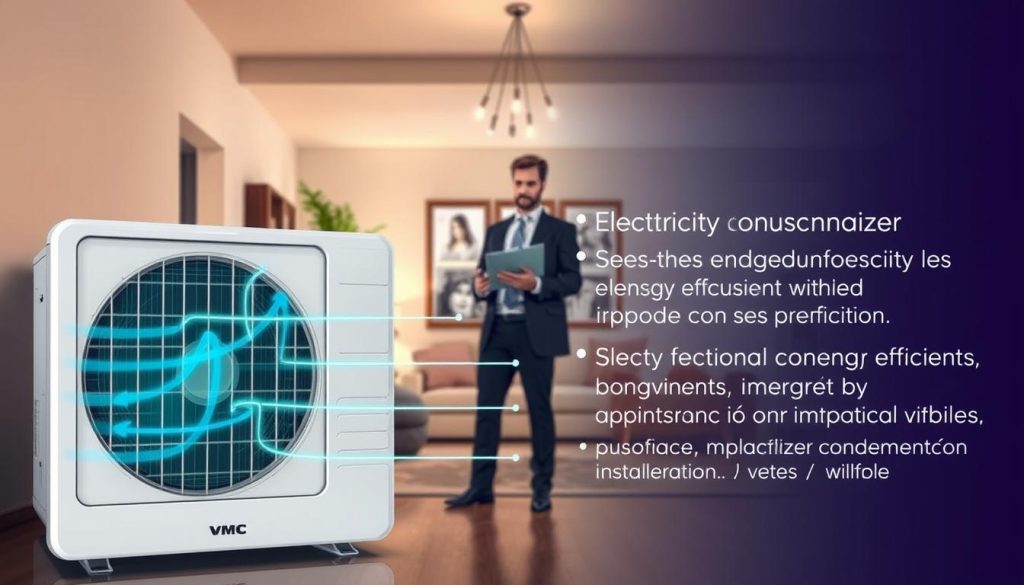 A detailed and informative illustration showcasing various factors influencing the electricity consumption of a VMC (Ventilation Mécanique Contrôlée) system. In the foreground, display a sleek, modern VMC unit with visible airflow paths and energy-efficient features. In the middle ground, include a professional wearing business attire, observing and discussing data on a clipboard. The background should feature a cozy, well-ventilated room with energy-efficient lighting, depicting the practical application of a VMC. Soft, diffused lighting enhances the atmosphere, highlighting the technological aspects and the importance of maintenance and installation. Capture an analytical mood, emphasizing the impact of these factors on energy bills without including any text or distractions.