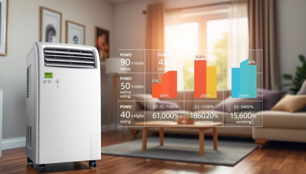 A detailed diagram showcasing the necessary power calculations for a reversible mobile air conditioning unit. In the foreground, a sleek air conditioner model with modern design, showcasing energy efficiency labels. In the middle, a technical chart displaying various power ratings, consumption metrics, and efficiency percentages, using bright colors for clarity. In the background, a cozy room setup illustrating the air conditioning unit in action, with sunlight filtering through a window, suggesting a comfortable and inviting atmosphere. The scene should have natural lighting to enhance visibility, with a focus on the air conditioning unit and technical details, creating a professional and informative ambiance without any distractions. Avoid any text or overlay, ensuring the focus remains on the visual representation of air conditioning power calculations. A detailed diagram showcasing the necessary power calculations for a reversible mobile air conditioning unit. In the foreground, a sleek air conditioner model with modern design, showcasing energy efficiency labels. In the middle, a technical chart displaying various power ratings, consumption metrics, and efficiency percentages, using bright colors for clarity. In the background, a cozy room setup illustrating the air conditioning unit in action, with sunlight filtering through a window, suggesting a comfortable and inviting atmosphere. The scene should have natural lighting to enhance visibility, with a focus on the air conditioning unit and technical details, creating a professional and informative ambiance without any distractions. Avoid any text or overlay, ensuring the focus remains on the visual representation of air conditioning power calculations.