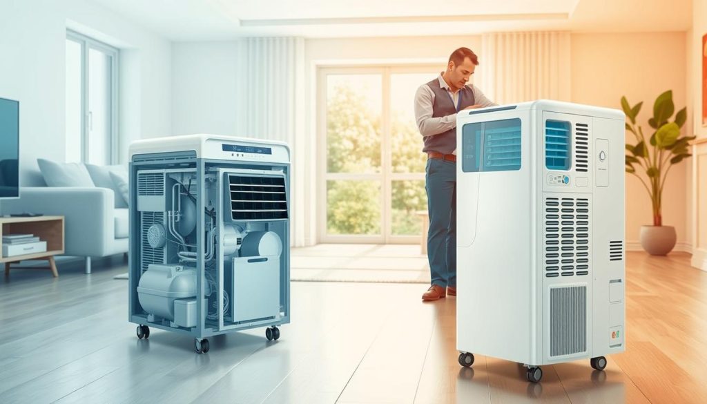 A detailed illustration of a reversible mobile air conditioning unit, showcasing its internal components such as the compressor, evaporator, and condenser in a clear and educational manner. In the foreground, the air conditioner is displayed on a sleek, modern living room floor, emphasizing its compact design and user-friendly interface. The middle ground features a technician in professional attire, carefully examining the unit's connections and controls, providing a sense of realism and context. The background features a bright, sunlit space with a window, suggesting a warm outdoor environment, highlighting the cooling capabilities of the device. Soft, natural lighting illuminates the scene, creating a clean and informative atmosphere, perfect for understanding the installation and functioning of a reversible air conditioning system. A detailed illustration of a reversible mobile air conditioning unit, showcasing its internal components such as the compressor, evaporator, and condenser in a clear and educational manner. In the foreground, the air conditioner is displayed on a sleek, modern living room floor, emphasizing its compact design and user-friendly interface. The middle ground features a technician in professional attire, carefully examining the unit's connections and controls, providing a sense of realism and context. The background features a bright, sunlit space with a window, suggesting a warm outdoor environment, highlighting the cooling capabilities of the device. Soft, natural lighting illuminates the scene, creating a clean and informative atmosphere, perfect for understanding the installation and functioning of a reversible air conditioning system.
