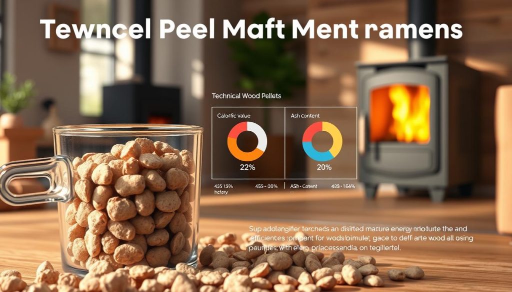 A detailed illustration showcasing the technical parameters of wood pellets, focusing on moisture levels and ash content. In the foreground, display a close-up of a measuring cup filled with wood pellets, highlighting their texture and color variations. In the middle section, include a sleek chart or infographic illustrating key statistics around calorific value, moisture percentage, and ash content, with colorful pie charts or bar graphs. The background should feature a cozy, warm ambiance of a modern living space with a pellet stove softly glowing, casting gentle light that creates a conducive atmosphere for discussion. The scene should feel informative yet inviting, using natural lighting to enhance clarity and highlight the importance of these technical parameters in energy efficiency.