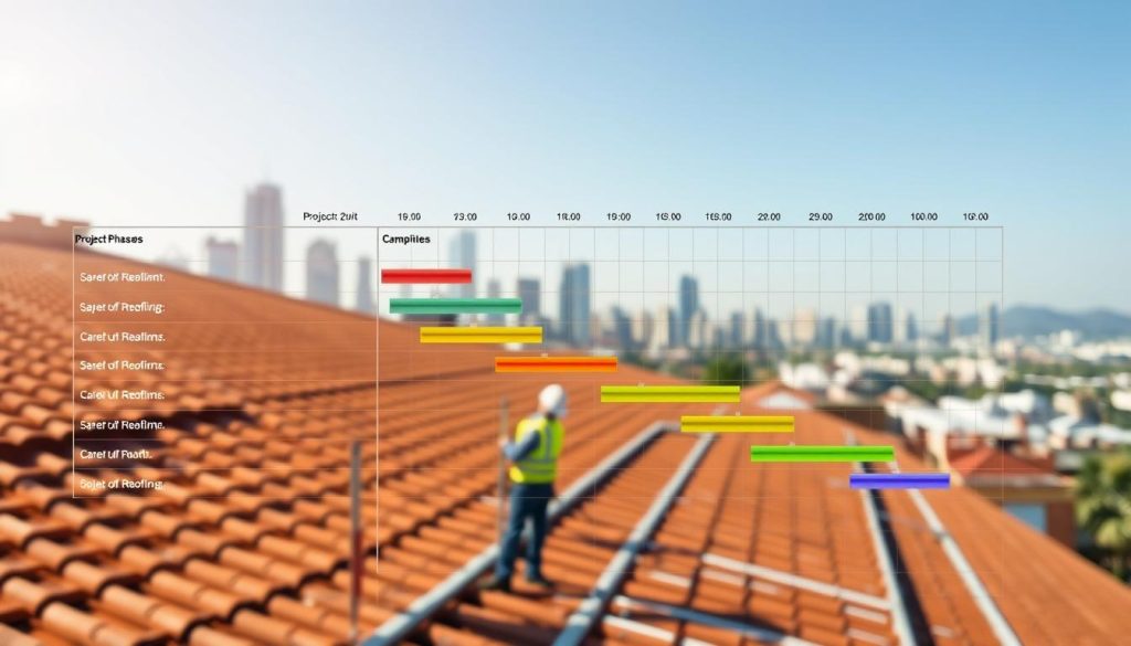 A detailed project timeline for a roofing construction site, vividly illustrated. In the foreground, a clear, organized Gantt chart displays project phases, timelines, and milestones, using colorful bars to indicate different stages of the roofing process. In the middle ground, a well-equipped construction site is depicted, showcasing workers in professional attire, actively measuring and inspecting roof materials under natural daylight. The background features a picturesque urban skyline, subtly blurred to create depth. The overall atmosphere is one of professionalism and efficiency, with soft sunlight enhancing the vibrancy of the colors. The composition is shot from a slightly elevated angle, providing a comprehensive view of the planning and execution phase. Ensure no text or watermarks are present in the image. A detailed project timeline for a roofing construction site, vividly illustrated. In the foreground, a clear, organized Gantt chart displays project phases, timelines, and milestones, using colorful bars to indicate different stages of the roofing process. In the middle ground, a well-equipped construction site is depicted, showcasing workers in professional attire, actively measuring and inspecting roof materials under natural daylight. The background features a picturesque urban skyline, subtly blurred to create depth. The overall atmosphere is one of professionalism and efficiency, with soft sunlight enhancing the vibrancy of the colors. The composition is shot from a slightly elevated angle, providing a comprehensive view of the planning and execution phase. Ensure no text or watermarks are present in the image.