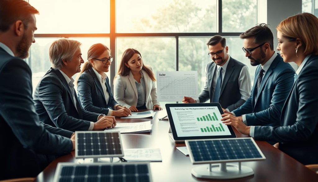 A detailed scene depicting a professional setting focused on verifying a photovoltaic contract. In the foreground, a diverse group of business professionals, dressed in smart attire, are gathered around a conference table, examining documents. They are deeply engaged in discussion, with one individual pointing to key sections of a contract. The middle ground features a laptop displaying graphs related to solar energy and contract details, alongside a solar panel model. The background shows large windows allowing natural light to flood the room, creating a bright and optimistic atmosphere. The overall mood is collaborative and focused, emphasizing the importance of careful contract verification in solar energy projects. The lighting is warm and inviting, enhancing the professional environment. A detailed scene depicting a professional setting focused on verifying a photovoltaic contract. In the foreground, a diverse group of business professionals, dressed in smart attire, are gathered around a conference table, examining documents. They are deeply engaged in discussion, with one individual pointing to key sections of a contract. The middle ground features a laptop displaying graphs related to solar energy and contract details, alongside a solar panel model. The background shows large windows allowing natural light to flood the room, creating a bright and optimistic atmosphere. The overall mood is collaborative and focused, emphasizing the importance of careful contract verification in solar energy projects. The lighting is warm and inviting, enhancing the professional environment.