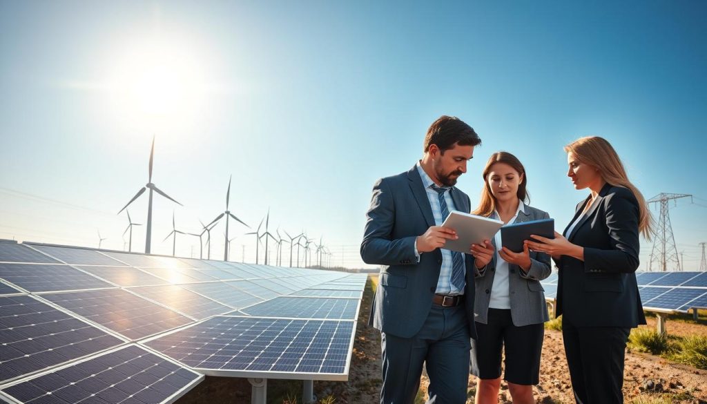 A dynamic and informative scene showcasing electricity producers and independent energy creators in a modern solar and wind farm setting. In the foreground, a diverse group of professionals in business attire, including men and women, are engaged in discussion about energy production, analyzing charts and data on tablets. In the middle ground, rows of solar panels glisten under a bright sun, while wind turbines spin gently against a clear blue sky. The background features a distant power grid with electrical lines stretching towards the horizon. The lighting is bright and natural, emphasizing a sense of innovation and collaboration in renewable energy. The overall atmosphere should convey professionalism, sustainability, and forward-thinking in the energy sector. A dynamic and informative scene showcasing electricity producers and independent energy creators in a modern solar and wind farm setting. In the foreground, a diverse group of professionals in business attire, including men and women, are engaged in discussion about energy production, analyzing charts and data on tablets. In the middle ground, rows of solar panels glisten under a bright sun, while wind turbines spin gently against a clear blue sky. The background features a distant power grid with electrical lines stretching towards the horizon. The lighting is bright and natural, emphasizing a sense of innovation and collaboration in renewable energy. The overall atmosphere should convey professionalism, sustainability, and forward-thinking in the energy sector.