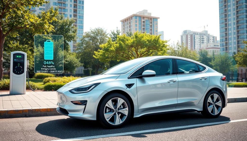 A dynamic composition illustrating the factors influencing the lifespan of an electric vehicle. In the foreground, a sleek electric car is parked, showcasing its modern design and features. The middle layer includes various elements such as charging stations, battery icons, and a digital dashboard displaying key statistics about battery health and charging cycles. The background features an urban landscape with green parks and energy-efficient buildings, symbolizing sustainability. Natural lighting creates a bright and optimistic atmosphere, emphasizing the future of transportation. A wide-angle lens captures the scene, highlighting both the vehicle and the context around it, conveying a sense of progress and innovation in electric mobility. A dynamic composition illustrating the factors influencing the lifespan of an electric vehicle. In the foreground, a sleek electric car is parked, showcasing its modern design and features. The middle layer includes various elements such as charging stations, battery icons, and a digital dashboard displaying key statistics about battery health and charging cycles. The background features an urban landscape with green parks and energy-efficient buildings, symbolizing sustainability. Natural lighting creates a bright and optimistic atmosphere, emphasizing the future of transportation. A wide-angle lens captures the scene, highlighting both the vehicle and the context around it, conveying a sense of progress and innovation in electric mobility.