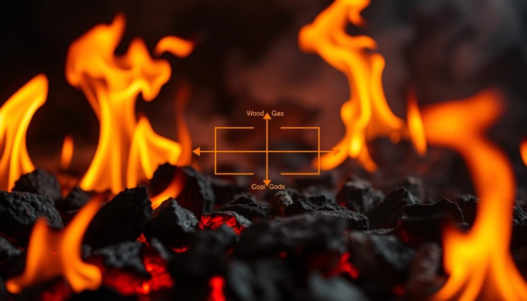 A dynamic scene illustrating the concept of pyrolysis and combustion regimes, featuring a central foreground of glowing embers and flames. The flames should vary in color, showing the differences in combustion temperatures from wood, gas, and coal, creating a gradient effect. In the middle ground, visualize a detailed diagram, subtly integrated, showcasing the scientific principles of fire temperature with arrows indicating different heat levels. The background should be a dark, blurred texture that resembles ash or smoke, enhancing the fiery foreground. Soft, dramatic lighting highlights the flames, casting flickering shadows, creating an intense yet educational atmosphere. Capture this from a low angle, emphasizing the height and intensity of the flames, while maintaining a balanced composition that draws in the viewer. A dynamic scene illustrating the concept of pyrolysis and combustion regimes, featuring a central foreground of glowing embers and flames. The flames should vary in color, showing the differences in combustion temperatures from wood, gas, and coal, creating a gradient effect. In the middle ground, visualize a detailed diagram, subtly integrated, showcasing the scientific principles of fire temperature with arrows indicating different heat levels. The background should be a dark, blurred texture that resembles ash or smoke, enhancing the fiery foreground. Soft, dramatic lighting highlights the flames, casting flickering shadows, creating an intense yet educational atmosphere. Capture this from a low angle, emphasizing the height and intensity of the flames, while maintaining a balanced composition that draws in the viewer.