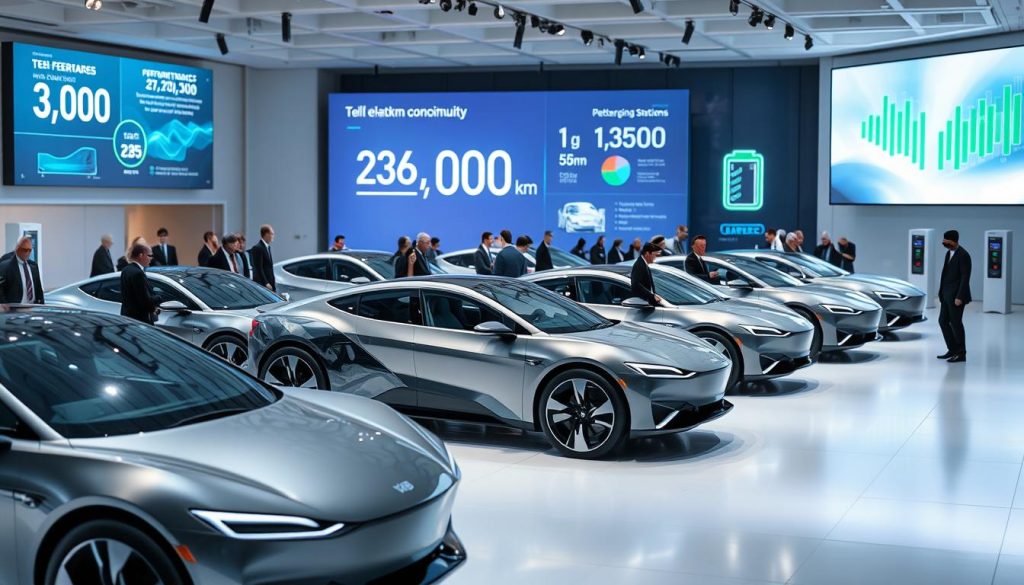 A futuristic electric vehicle lineup showcasing models that claim 1000 km autonomy in 2026. In the foreground, feature sleek, modern electric cars with innovative designs, each highlighting their unique features like aerodynamic shapes and advanced technology. The middle ground should depict a well-lit exhibition space with people dressed in professional business attire engaging with the cars, discussing their features, and examining specifications. In the background, large screens display dynamic graphics showcasing performance metrics, battery life, and charging stations. Use soft, diffused lighting to create a welcoming atmosphere, with a focus on a bright, intelligent design aesthetic. Capture the excitement of advancements in electric vehicle technology while maintaining a clean and appealing visual composition.