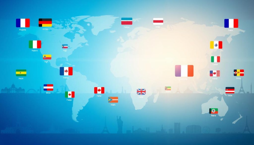 A global map highlighting water consumption by country, with France at the center, surrounded by various national flags representing their water usage. In the foreground, various icons depict different water usage categories like agriculture, industry, and domestic use, illustrated with vibrant colors to create contrast. The middle ground features a clear blue sky, symbolizing abundance, with a soft light shining down to emphasize the importance of water resources. In the background, subtle outlines of famous landmarks from different countries create a connection to each nation’s identity. The overall mood is informative and engaging, inviting viewers to consider global water consumption patterns. The image should be well-composed with a slightly elevated angle to provide a comprehensive view. A global map highlighting water consumption by country, with France at the center, surrounded by various national flags representing their water usage. In the foreground, various icons depict different water usage categories like agriculture, industry, and domestic use, illustrated with vibrant colors to create contrast. The middle ground features a clear blue sky, symbolizing abundance, with a soft light shining down to emphasize the importance of water resources. In the background, subtle outlines of famous landmarks from different countries create a connection to each nation’s identity. The overall mood is informative and engaging, inviting viewers to consider global water consumption patterns. The image should be well-composed with a slightly elevated angle to provide a comprehensive view.
