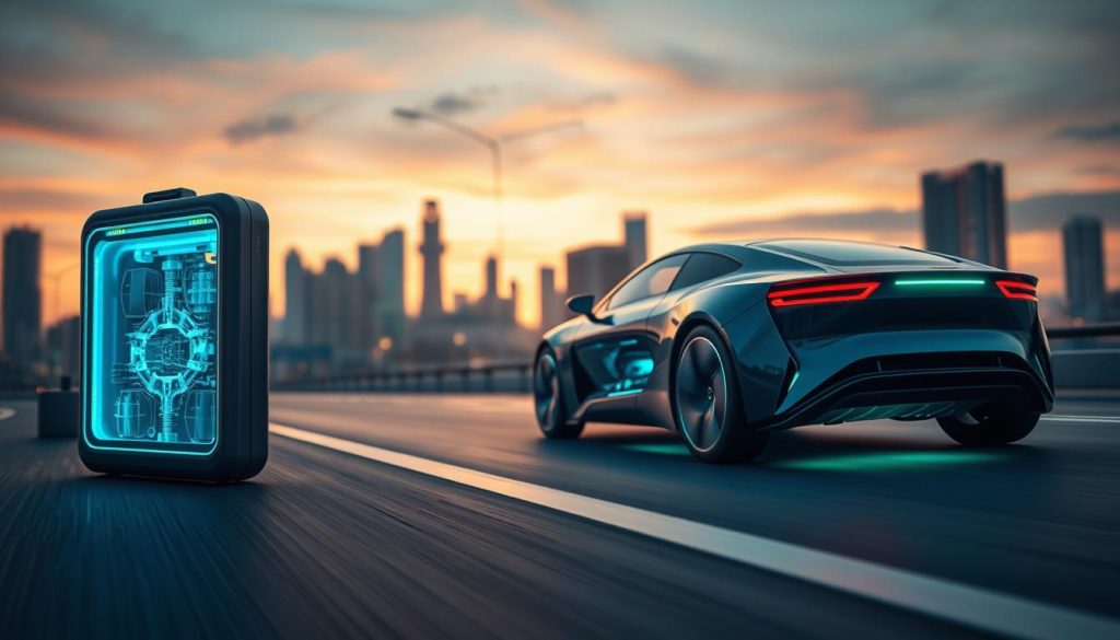 A highly detailed and futuristic semi-solid battery, emphasizing its high energy density, prominently featured in the foreground. The battery is sleek and modern, with transparent sections revealing intricate internal structures, glowing with a blue and green luminescence. In the middle ground, visualize a cutting-edge electric vehicle, showcasing its aerodynamic design and advanced technology, poised on a dynamic urban road. The background includes a city skyline at dusk, with soft, ambient lighting and a gradient sky transitioning from orange to deep blue. The atmosphere is innovative and forward-looking, highlighting the potential of electric vehicle technology. The composition uses a wide-angle lens perspective, creating depth and focus on the battery and vehicle while softly blurring the background.