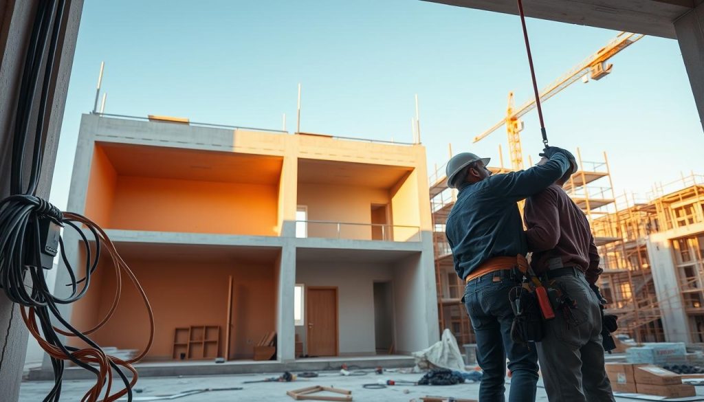 A modern apartment building under construction, showcasing a newly built residential unit with exposed wiring and electrical connections in the foreground. Skilled electricians in professional attire are carefully working on connecting the electrical system, surrounded by tools and copper wiring. The middle ground features the apartment's unfinished interior, emphasizing vibrant walls and open spaces, while in the background, scaffolding and construction materials depict an active building site under a clear blue sky, illuminated by warm sunlight. The atmosphere is focused and industrious, conveying a sense of anticipation for the completion and readiness for electricity supply. The angle captures both detail and scale, highlighting the importance of timely connections in new housing developments.