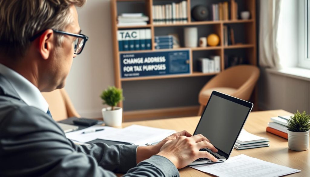 A modern home office setup featuring a person in professional business attire, focused on a laptop screen displaying a government website for changing address for tax purposes. In the foreground, the individual, a middle-aged man with glasses, types intently, surrounded by various documents and a cup of coffee. In the middle ground, a neatly organized desk with a calculator, notepad, and a small potted plant adds a touch of warmth. The background shows a well-lit room with a bookshelf filled with tax guides and financial books, enhancing the context. Soft, natural lighting highlights the scene, creating an atmosphere of productivity and diligence in navigating online processes. A modern home office setup featuring a person in professional business attire, focused on a laptop screen displaying a government website for changing address for tax purposes. In the foreground, the individual, a middle-aged man with glasses, types intently, surrounded by various documents and a cup of coffee. In the middle ground, a neatly organized desk with a calculator, notepad, and a small potted plant adds a touch of warmth. The background shows a well-lit room with a bookshelf filled with tax guides and financial books, enhancing the context. Soft, natural lighting highlights the scene, creating an atmosphere of productivity and diligence in navigating online processes.