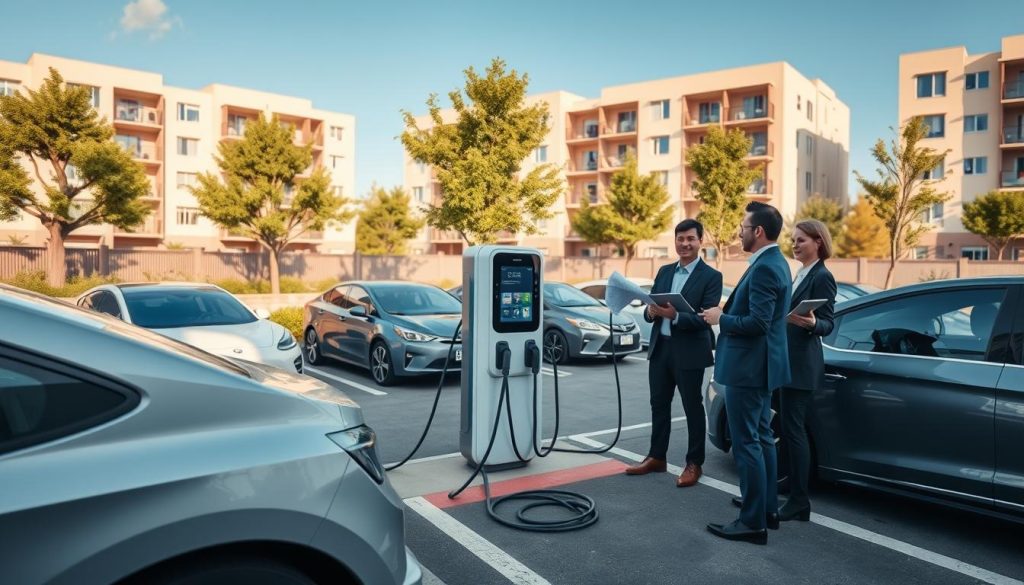 A modern installation of an electric vehicle charging station in a shared residential parking area, featuring a sleek, compact charging unit with digital display, surrounded by several parked electric vehicles. In the foreground, a team of professionals in business attire discusses the installation process, holding blueprints and tablets. The middle ground showcases the charging unit with its power cables neatly coiled, set against a backdrop of well-maintained trees and contemporary apartment buildings. Soft, natural lighting illuminates the scene, creating a welcoming atmosphere. The angle is slightly elevated, capturing the essence of community and sustainability in urban living, with clear blue skies reflecting a sense of innovation and progress.