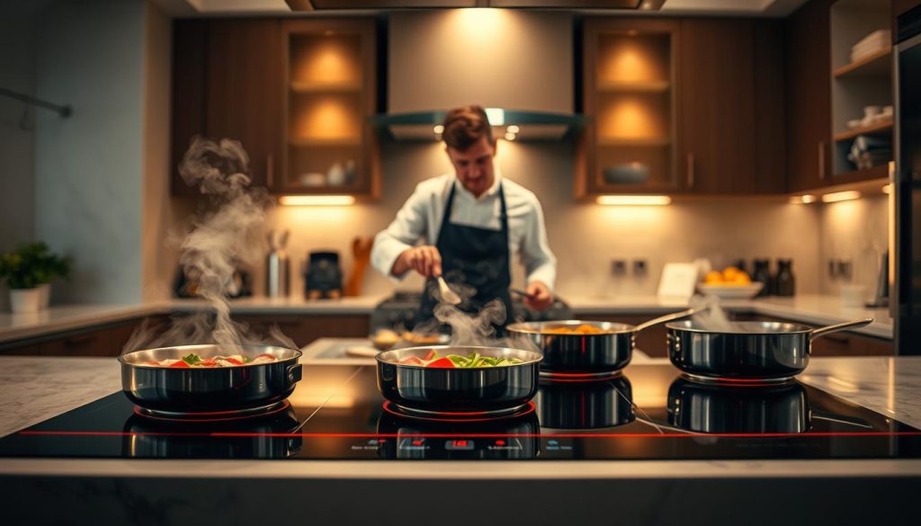 A modern kitchen scene showcasing the advantages of induction cooking. In the foreground, a sleek induction cooktop with vibrant, evenly heated pans, mist rising from freshly cooked meals. The middle ground features a professional chef in modest casual attire, expertly using cooking tools, demonstrating efficiency and precision. Warm, inviting lighting emanates from overhead fixtures, creating a cozy atmosphere while emphasizing the polished surfaces of the induction cooktop. The background includes elegant kitchen cabinetry and stylish kitchen accessories, highlighting a harmonious blend of aesthetics and functionality. The mood conveys innovation and practicality, illustrating the benefits of induction cooking beyond energy consumption, with a focus on culinary excellence and safety. A modern kitchen scene showcasing the advantages of induction cooking. In the foreground, a sleek induction cooktop with vibrant, evenly heated pans, mist rising from freshly cooked meals. The middle ground features a professional chef in modest casual attire, expertly using cooking tools, demonstrating efficiency and precision. Warm, inviting lighting emanates from overhead fixtures, creating a cozy atmosphere while emphasizing the polished surfaces of the induction cooktop. The background includes elegant kitchen cabinetry and stylish kitchen accessories, highlighting a harmonious blend of aesthetics and functionality. The mood conveys innovation and practicality, illustrating the benefits of induction cooking beyond energy consumption, with a focus on culinary excellence and safety.