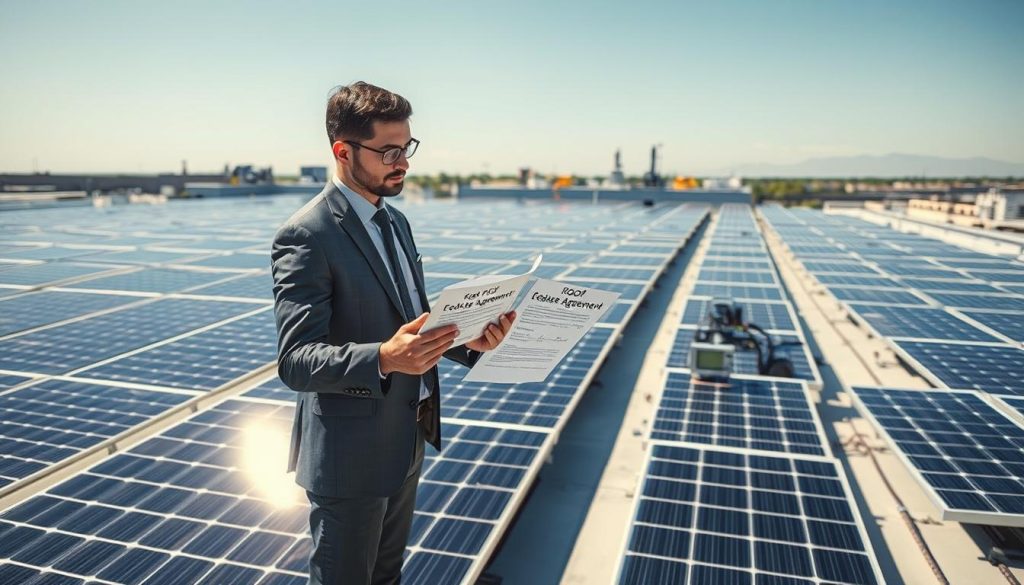 A modern photovoltaic installation on a large industrial rooftop, showcasing solar panels efficiently arranged under bright sunlight. In the foreground, a professional business person, dressed in smart attire, examines a contract document labeled "Roof Lease Agreement" while standing beside a digital display showing energy metrics. The middle ground features the expansive rooftop dotted with solar panels and hints of machinery used for maintenance. In the background, a clear blue sky enhances the feeling of sustainability and innovation. Soft shadows cast by the solar panels evoke a sense of calm and professionalism. The lighting is bright and inviting, creating a mood of optimism about renewable energy solutions. A modern photovoltaic installation on a large industrial rooftop, showcasing solar panels efficiently arranged under bright sunlight. In the foreground, a professional business person, dressed in smart attire, examines a contract document labeled "Roof Lease Agreement" while standing beside a digital display showing energy metrics. The middle ground features the expansive rooftop dotted with solar panels and hints of machinery used for maintenance. In the background, a clear blue sky enhances the feeling of sustainability and innovation. Soft shadows cast by the solar panels evoke a sense of calm and professionalism. The lighting is bright and inviting, creating a mood of optimism about renewable energy solutions.