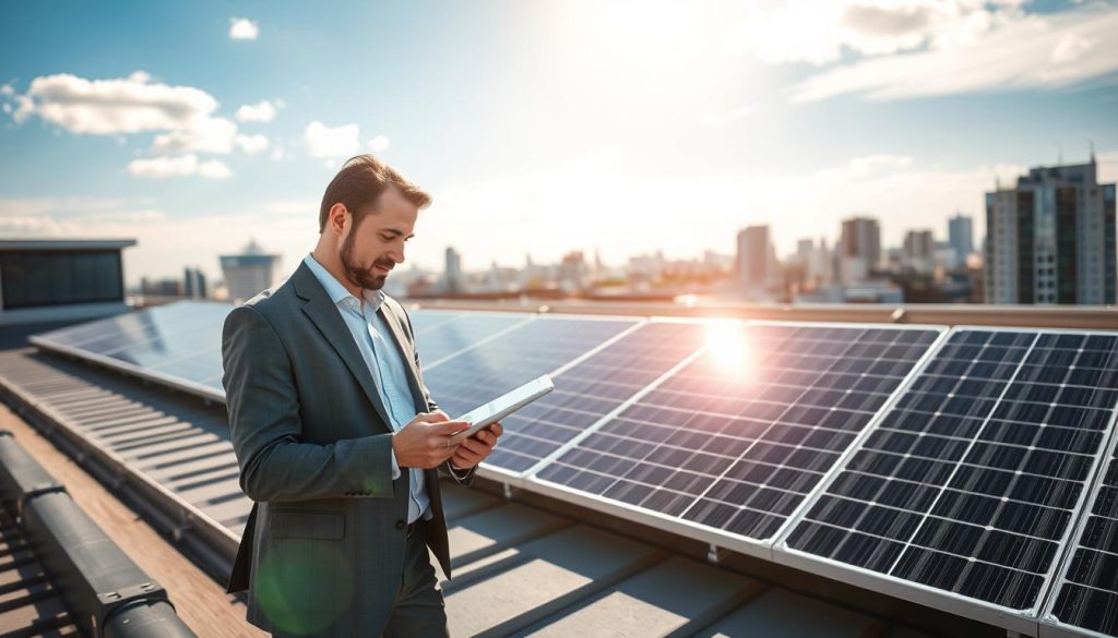 A modern, sleek rooftop adorned with photovoltaic solar panels reflecting sunlight, showcasing their high efficiency and environmental benefits. In the foreground, a professional individual in business attire is examining a digital tablet, showcasing data analytics related to energy savings. The middle ground features various solar panels with a clean, blue sky above, highlighting the innovative technology they embody. The background displays a vibrant cityscape, symbolizing sustainable urban development. The lighting is bright and sunny, casting soft shadows, with a focus on the solar panels to emphasize their advantages. The atmosphere is optimistic and forward-thinking, conveying a sense of progress and sustainability in energy solutions. A modern, sleek rooftop adorned with photovoltaic solar panels reflecting sunlight, showcasing their high efficiency and environmental benefits. In the foreground, a professional individual in business attire is examining a digital tablet, showcasing data analytics related to energy savings. The middle ground features various solar panels with a clean, blue sky above, highlighting the innovative technology they embody. The background displays a vibrant cityscape, symbolizing sustainable urban development. The lighting is bright and sunny, casting soft shadows, with a focus on the solar panels to emphasize their advantages. The atmosphere is optimistic and forward-thinking, conveying a sense of progress and sustainability in energy solutions.