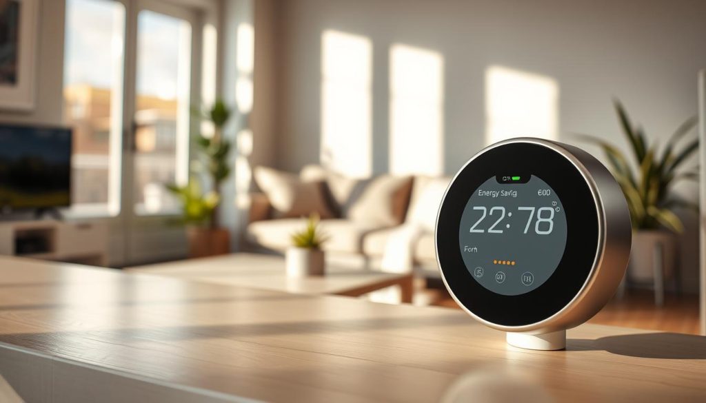 A modern, sleek smart thermostat prominently displayed in a cozy living room setting, emphasizing the concept of a "free connected thermostat." In the foreground, the thermostat features an interactive touchscreen displaying energy-saving features. The middle ground showcases a well-furnished room with soft, inviting lighting, highlighting a comfortable couch and houseplants for a homely feel. In the background, light filters through a window, casting warm shadows that create an inviting atmosphere. The angle is slightly elevated, allowing a clear view of both the thermostat and the stylish decor. The scene conveys a sense of innovation and comfort, reflecting the benefits of smart home technology without any distractions or clutter. A modern, sleek smart thermostat prominently displayed in a cozy living room setting, emphasizing the concept of a "free connected thermostat." In the foreground, the thermostat features an interactive touchscreen displaying energy-saving features. The middle ground showcases a well-furnished room with soft, inviting lighting, highlighting a comfortable couch and houseplants for a homely feel. In the background, light filters through a window, casting warm shadows that create an inviting atmosphere. The angle is slightly elevated, allowing a clear view of both the thermostat and the stylish decor. The scene conveys a sense of innovation and comfort, reflecting the benefits of smart home technology without any distractions or clutter.