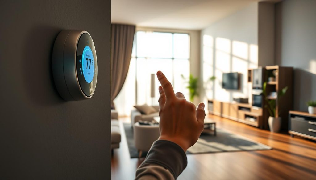 A modern, smart home interior featuring a sleek, futuristic connected thermostat displayed prominently on a stylish wall. In the foreground, a pair of hands gently adjusting the thermostat's settings, showcasing its user-friendly interface with a glowing screen. In the middle ground, an elegant living room, furnished with minimalistic decor and energy-efficient appliances, symbolizes the concept of energy savings. The background highlights a large window with sunlight filtering in, enhancing the warm and inviting atmosphere. Soft shadows cast by natural light create a relaxed mood. The scene is captured with a high-definition lens, emphasizing clarity and detail, evoking a sense of comfort and modernity in energy management. A modern, smart home interior featuring a sleek, futuristic connected thermostat displayed prominently on a stylish wall. In the foreground, a pair of hands gently adjusting the thermostat's settings, showcasing its user-friendly interface with a glowing screen. In the middle ground, an elegant living room, furnished with minimalistic decor and energy-efficient appliances, symbolizes the concept of energy savings. The background highlights a large window with sunlight filtering in, enhancing the warm and inviting atmosphere. Soft shadows cast by natural light create a relaxed mood. The scene is captured with a high-definition lens, emphasizing clarity and detail, evoking a sense of comfort and modernity in energy management.