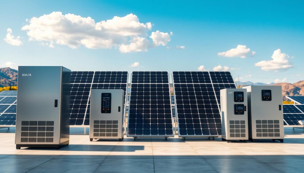 A modern solar central inverter setup, showcasing the range of Solis models, set in a spacious, well-lit commercial solar installation environment. In the foreground, highlight sleek, efficient solar inverters with detailed labeling, crafted from polished metal and plastic, glimmering under soft, natural light. In the middle ground, large solar panels are strategically arranged, their surfaces reflecting sunlight, demonstrating their functionality. The background features a clear blue sky, with a few fluffy clouds to signify a sunny day, while distant hills provide a natural setting. The overall mood is clean, professional, and innovative, emphasizing the advancement of renewable energy technology. The image should have a dynamic angle, capturing depth and intrigue, with no text or overlays. A modern solar central inverter setup, showcasing the range of Solis models, set in a spacious, well-lit commercial solar installation environment. In the foreground, highlight sleek, efficient solar inverters with detailed labeling, crafted from polished metal and plastic, glimmering under soft, natural light. In the middle ground, large solar panels are strategically arranged, their surfaces reflecting sunlight, demonstrating their functionality. The background features a clear blue sky, with a few fluffy clouds to signify a sunny day, while distant hills provide a natural setting. The overall mood is clean, professional, and innovative, emphasizing the advancement of renewable energy technology. The image should have a dynamic angle, capturing depth and intrigue, with no text or overlays.