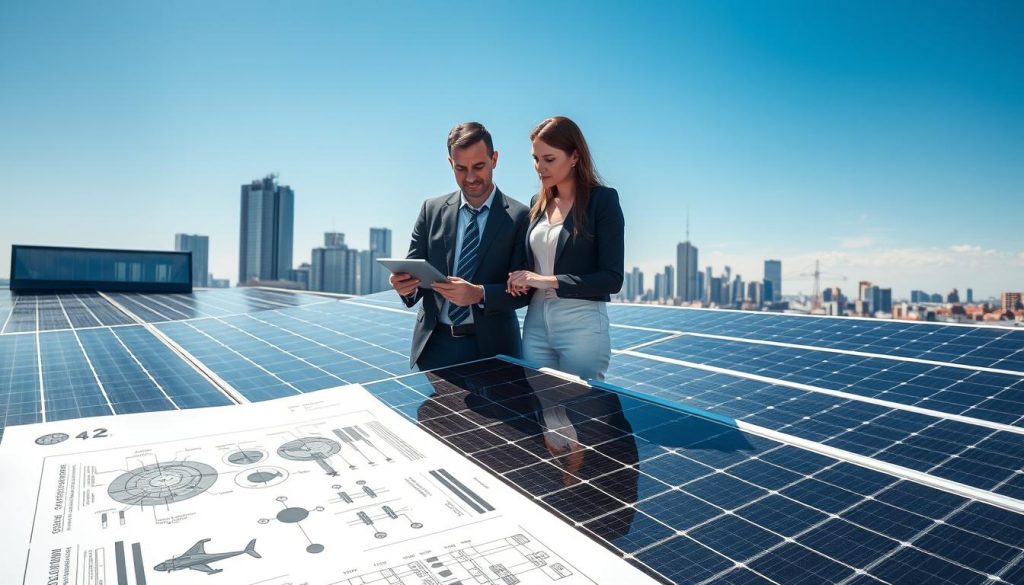 A modern, sunlit rooftop adorned with sleek solar panels, showcasing their strategic layout for optimal energy capture. In the foreground, a detailed diagram or blueprint highlights the energy consumption patterns and configurations of solar panels, emphasizing various technical aspects. The middle ground features a professional team of two people, a man and a woman, dressed in business attire, deeply engaged in discussion while analyzing data on a tablet. Behind them, a city skyline with clear blue skies provides a vibrant, optimistic backdrop. The lighting is bright and natural, casting soft shadows that enhance the technical details, creating an atmosphere of innovation and sustainability. The overall mood reflects a forward-thinking approach to energy self-sufficiency and consumption optimization. A modern, sunlit rooftop adorned with sleek solar panels, showcasing their strategic layout for optimal energy capture. In the foreground, a detailed diagram or blueprint highlights the energy consumption patterns and configurations of solar panels, emphasizing various technical aspects. The middle ground features a professional team of two people, a man and a woman, dressed in business attire, deeply engaged in discussion while analyzing data on a tablet. Behind them, a city skyline with clear blue skies provides a vibrant, optimistic backdrop. The lighting is bright and natural, casting soft shadows that enhance the technical details, creating an atmosphere of innovation and sustainability. The overall mood reflects a forward-thinking approach to energy self-sufficiency and consumption optimization.