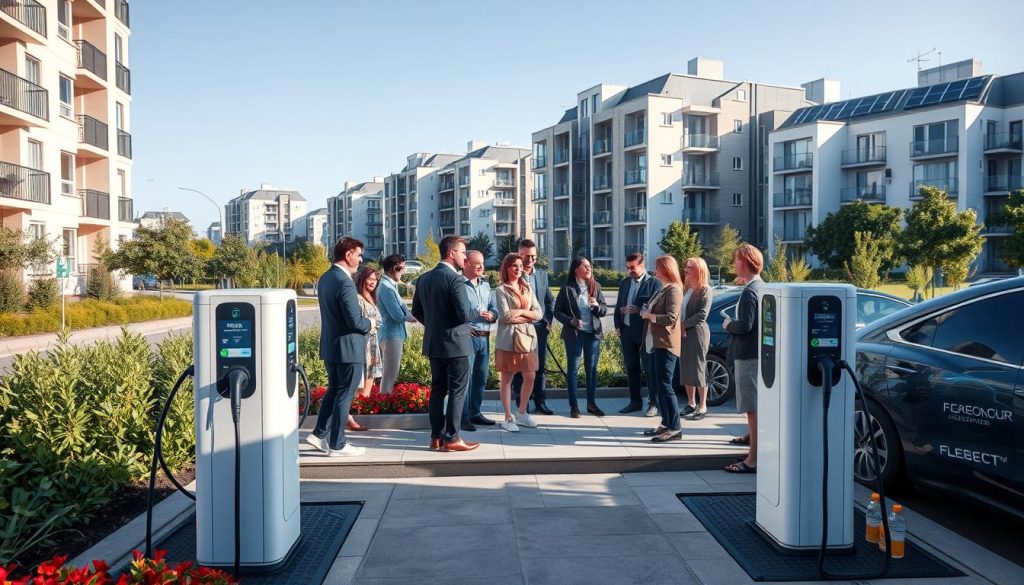 A modern urban environment showcasing a collective electric vehicle charging station in a residential condominium. In the foreground, sleek charging units with digital interfaces are flanked by well-maintained greenery and flower beds, promoting an eco-friendly atmosphere. The middle ground presents a diverse group of residents, dressed in professional business attire and modest casual clothing, engaged in discussions while waiting for their vehicles to charge. In the background, contemporary apartment buildings with solar panels on rooftops reflect a commitment to sustainability. Soft, natural lighting enhances the tranquil setting, with clear blue skies above and the gentle glow of LED lights from the charging station. The overall mood is collaborative and forward-thinking, emphasizing community solutions in urban living.