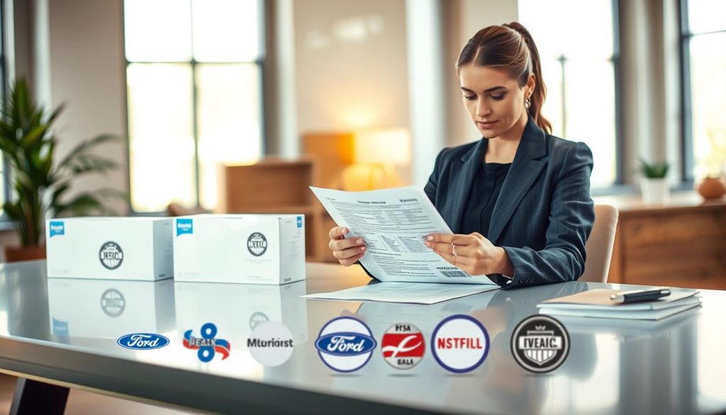 A professional and reassuring image depicting a high-quality product warranty scene. In the foreground, a confident businesswoman in smart attire reviews a detailed warranty document while seated at a sleek modern desk, emphasizing trust and reliability. In the middle ground, various reputable brand logos are subtly displayed on product packaging, symbolizing the assurance of quality. The background features a warm, inviting office environment with soft, natural lighting filtering through large windows, creating a welcoming atmosphere. The camera angle is slightly above eye level, offering a clear view of the businesswoman and her surroundings. The overall mood conveys professionalism, stability, and confidence in long-lasting installation guarantees.