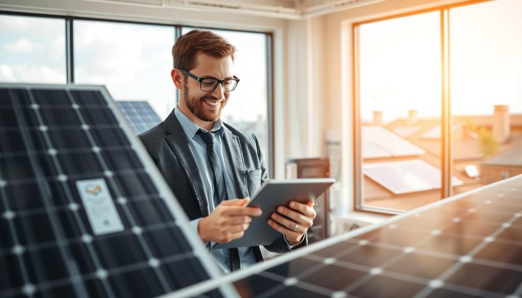A professional and responsive solar after-sales service scene. In the foreground, a friendly technician in smart business attire is examining a solar panel with a tablet in hand, looking both engaged and attentive. In the middle, a bright, modern office filled with solar equipment and documents, showcasing certifications and service plans. In the background, large windows reveal a sunny day with solar panels on rooftops, symbolizing a commitment to renewable energy. Soft, natural lighting pours in, creating an inviting atmosphere. The technician’s expression conveys professionalism and customer support, emphasizing the importance of a reactive and comprehensive after-sales service in the solar industry. A professional and responsive solar after-sales service scene. In the foreground, a friendly technician in smart business attire is examining a solar panel with a tablet in hand, looking both engaged and attentive. In the middle, a bright, modern office filled with solar equipment and documents, showcasing certifications and service plans. In the background, large windows reveal a sunny day with solar panels on rooftops, symbolizing a commitment to renewable energy. Soft, natural lighting pours in, creating an inviting atmosphere. The technician’s expression conveys professionalism and customer support, emphasizing the importance of a reactive and comprehensive after-sales service in the solar industry.