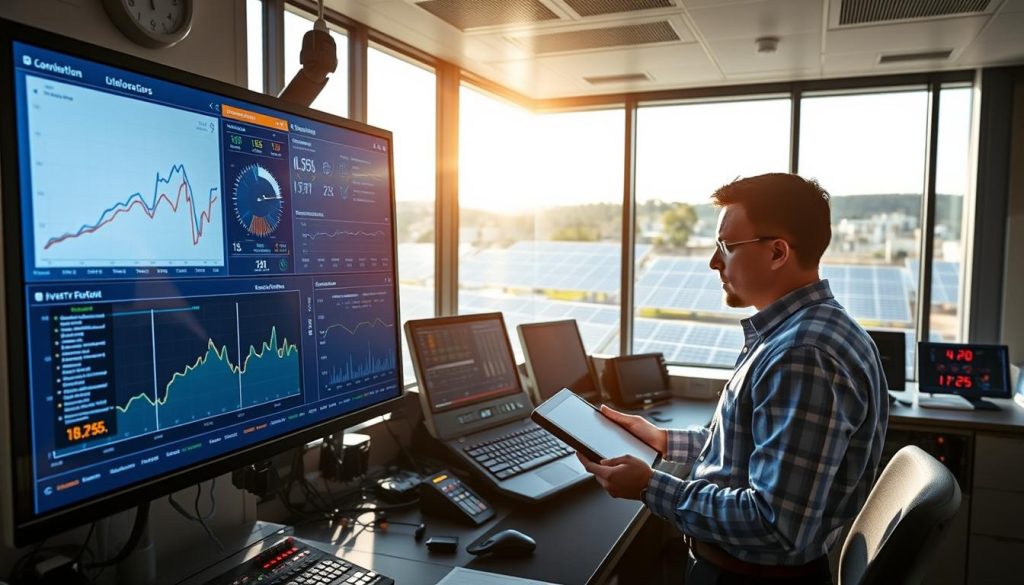 A professional control room showcasing advanced solar inverter monitoring technology. In the foreground, a detailed display screen shows graphs, data, and real-time analytics of solar energy production, with highlighted performance metrics. In the middle, a technician in smart casual clothing, focused on the screen, adjusts settings with a tablet, surrounded by various control panels and LED indicators. The background features large windows with sunlight streaming in, illuminating the room, and a panoramic view of solar panels installed on rooftops outside. The atmosphere is focused and efficient, blending modern technology with a sense of sustainability. Lighting is bright and clear, emphasizing the high-tech environment, shot from a slightly elevated angle to capture the entire setup. A professional control room showcasing advanced solar inverter monitoring technology. In the foreground, a detailed display screen shows graphs, data, and real-time analytics of solar energy production, with highlighted performance metrics. In the middle, a technician in smart casual clothing, focused on the screen, adjusts settings with a tablet, surrounded by various control panels and LED indicators. The background features large windows with sunlight streaming in, illuminating the room, and a panoramic view of solar panels installed on rooftops outside. The atmosphere is focused and efficient, blending modern technology with a sense of sustainability. Lighting is bright and clear, emphasizing the high-tech environment, shot from a slightly elevated angle to capture the entire setup.