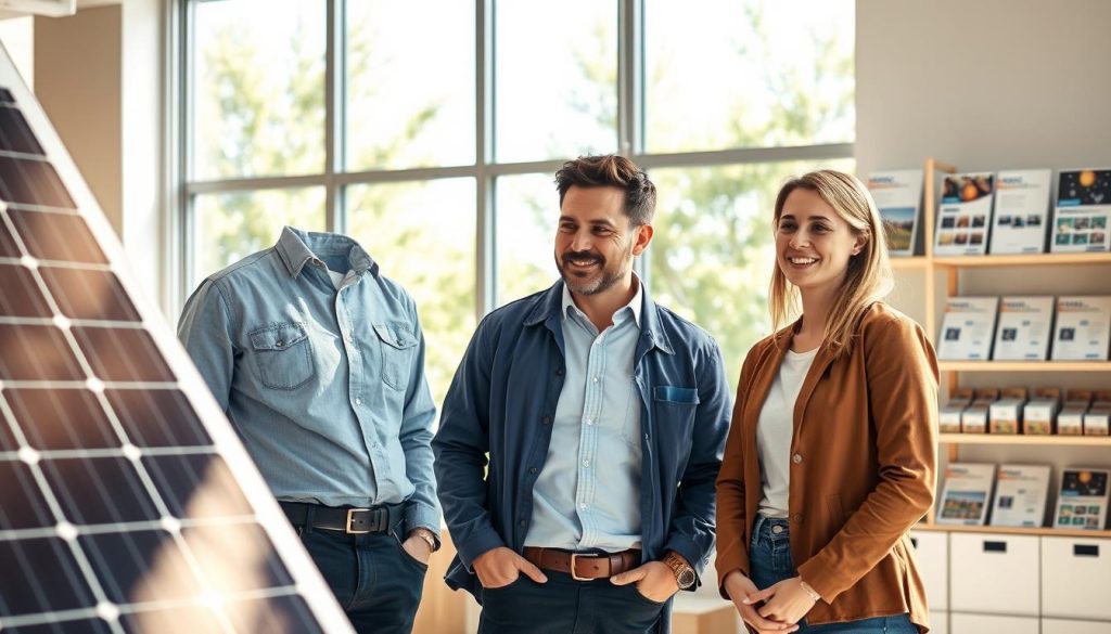 A professional customer support scene illustrating photovoltaic (solar panel) assistance. In the foreground, a friendly technician in smart casual attire is attentively discussing solar solutions with a satisfied customer, both standing beside a large solar panel installation. The middle ground features a bright and modern office environment with large windows allowing natural light to flood in. Behind them, shelves filled with solar energy brochures and supportive tools, such as FAQs and manuals, can be seen. The background includes lush green trees visible through the windows, symbolizing eco-friendliness. The atmosphere is warm and welcoming, emphasizing reliable support and customer care in the renewable energy sector. Daylight streaming through the windows enhances the inviting mood and professionalism of the scene. A professional customer support scene illustrating photovoltaic (solar panel) assistance. In the foreground, a friendly technician in smart casual attire is attentively discussing solar solutions with a satisfied customer, both standing beside a large solar panel installation. The middle ground features a bright and modern office environment with large windows allowing natural light to flood in. Behind them, shelves filled with solar energy brochures and supportive tools, such as FAQs and manuals, can be seen. The background includes lush green trees visible through the windows, symbolizing eco-friendliness. The atmosphere is warm and welcoming, emphasizing reliable support and customer care in the renewable energy sector. Daylight streaming through the windows enhances the inviting mood and professionalism of the scene.