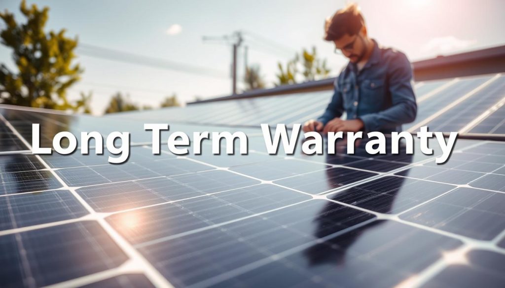 A professional-looking solar energy installation showcasing long-term warranty benefits. In the foreground, a close-up of high-quality solar panels with a gleaming surface reflecting sunlight, conveying durability and reliability. The middle ground features a technician in smart casual attire inspecting the solar panels, symbolizing expertise and care in solar technology. In the background, a clear sky enhances the bright atmosphere, with hints of green trees and a modern energy infrastructure. Soft, natural lighting illuminates the scene, highlighting the advanced technology of the solar panels. The overall mood is one of confidence and security in renewable energy investments, inspiring peace of mind for potential buyers. A professional-looking solar energy installation showcasing long-term warranty benefits. In the foreground, a close-up of high-quality solar panels with a gleaming surface reflecting sunlight, conveying durability and reliability. The middle ground features a technician in smart casual attire inspecting the solar panels, symbolizing expertise and care in solar technology. In the background, a clear sky enhances the bright atmosphere, with hints of green trees and a modern energy infrastructure. Soft, natural lighting illuminates the scene, highlighting the advanced technology of the solar panels. The overall mood is one of confidence and security in renewable energy investments, inspiring peace of mind for potential buyers.