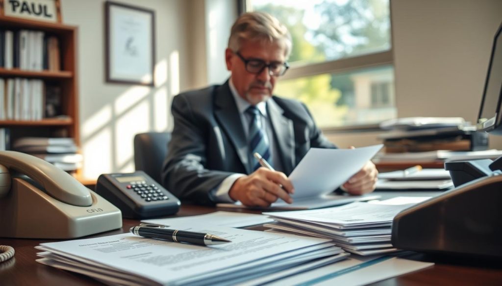 A professional office scene focusing on traditional methods of changing tax addresses, featuring a middle-aged individual dressed in business attire seated at a desk. In the foreground, a stack of official documents and a pen lie next to a traditional telephone, emphasizing the theme of communication. The middle ground showcases the individual actively writing a letter, with the desk cluttered with envelopes addressed to tax authorities. In the background, a window reveals a sunny day, casting soft natural light across the room, creating a warm and focused atmosphere. The image should convey a sense of diligence and professionalism, reflecting the process of addressing important bureaucratic matters. A professional office scene focusing on traditional methods of changing tax addresses, featuring a middle-aged individual dressed in business attire seated at a desk. In the foreground, a stack of official documents and a pen lie next to a traditional telephone, emphasizing the theme of communication. The middle ground showcases the individual actively writing a letter, with the desk cluttered with envelopes addressed to tax authorities. In the background, a window reveals a sunny day, casting soft natural light across the room, creating a warm and focused atmosphere. The image should convey a sense of diligence and professionalism, reflecting the process of addressing important bureaucratic matters.