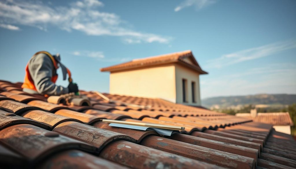 A professional roofer in a hard hat and safety gear carefully inspects a beautiful, traditional Occitan house with a tiled roof. In the foreground, a detailed close-up of roofing materials like tiles, underlayment, and tools are visible, showcasing the extensive services offered. The middle ground features the roofer measuring and planning, illustrating the comprehensive nature of their work. In the background, the scenic Occitan countryside can be seen under a bright blue sky, enhancing the home’s charm. Soft, natural lighting illuminates the scene, creating a warm, inviting atmosphere. The angle captures the roofer’s focused expression, conveying reliability and professionalism, while emphasizing the commitment to quality and craftsmanship. The overall mood is one of trust, dedication, and the promise of a well-executed roofing renovation. A professional roofer in a hard hat and safety gear carefully inspects a beautiful, traditional Occitan house with a tiled roof. In the foreground, a detailed close-up of roofing materials like tiles, underlayment, and tools are visible, showcasing the extensive services offered. The middle ground features the roofer measuring and planning, illustrating the comprehensive nature of their work. In the background, the scenic Occitan countryside can be seen under a bright blue sky, enhancing the home’s charm. Soft, natural lighting illuminates the scene, creating a warm, inviting atmosphere. The angle captures the roofer’s focused expression, conveying reliability and professionalism, while emphasizing the commitment to quality and craftsmanship. The overall mood is one of trust, dedication, and the promise of a well-executed roofing renovation.