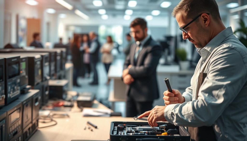 A professional service after-sales maintenance scene depicting a technician in business attire, focused on fixing equipment. In the foreground, a technician examines a device with tools in hand, showcasing a detailed toolbox next to them. The middle ground features a workspace filled with various electronic devices, all well-organized. In the background, a bright, modern office aura represents a customer service area with satisfied clients waiting in line. Soft, diffused lighting enhances the atmosphere, suggesting reliability and efficiency. Use a shallow depth of field to draw attention to the technician while keeping the background slightly blurred, evoking a sense of professionalism and trustworthiness. A professional service after-sales maintenance scene depicting a technician in business attire, focused on fixing equipment. In the foreground, a technician examines a device with tools in hand, showcasing a detailed toolbox next to them. The middle ground features a workspace filled with various electronic devices, all well-organized. In the background, a bright, modern office aura represents a customer service area with satisfied clients waiting in line. Soft, diffused lighting enhances the atmosphere, suggesting reliability and efficiency. Use a shallow depth of field to draw attention to the technician while keeping the background slightly blurred, evoking a sense of professionalism and trustworthiness.