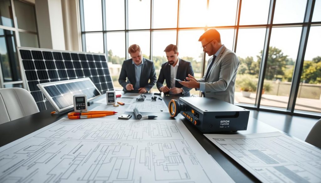 A professional setting showcasing the technical dimensioning of a solar panel installation with an inverter. In the foreground, detailed diagrams and technical schematics of solar panels and inverters are spread across a modern workspace table. The middle ground features a team of engineers in professional attire, focused on calculating and discussing the specifications needed for peak power capacity (puissance crête). They are surrounded by solar panel models and measurement tools. In the background, large windows reveal a bright sunny day, symbolizing renewable energy. The lighting is bright and clear, emphasizing a sense of innovation and professionalism. The angle is slightly overhead, capturing both the workspace and the engaged team. The mood is motivated and collaborative, reflecting the importance of precise technical dimensioning. A professional setting showcasing the technical dimensioning of a solar panel installation with an inverter. In the foreground, detailed diagrams and technical schematics of solar panels and inverters are spread across a modern workspace table. The middle ground features a team of engineers in professional attire, focused on calculating and discussing the specifications needed for peak power capacity (puissance crête). They are surrounded by solar panel models and measurement tools. In the background, large windows reveal a bright sunny day, symbolizing renewable energy. The lighting is bright and clear, emphasizing a sense of innovation and professionalism. The angle is slightly overhead, capturing both the workspace and the engaged team. The mood is motivated and collaborative, reflecting the importance of precise technical dimensioning.