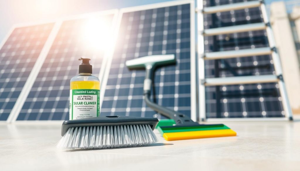A professional solar panel cleaning kit laid out on a clean, flat surface, showcasing various specialized tools for maintenance. In the foreground, focus on a soft-bristle brush and biodegradable cleaning solution bottle, both labeled clearly for safety. The middle ground features a squeegee and a garden ladder, demonstrating proper access to elevated panels, with a gentle sunlight illuminating the tools. In the background, a pair of solar panels are glistening under the sun, emphasizing their need for care. The scene is bright and inviting, conveying a sense of responsibility and cleanliness. The overall atmosphere is calm and professional, suitable for an article discussing safe cleaning practices. A professional solar panel cleaning kit laid out on a clean, flat surface, showcasing various specialized tools for maintenance. In the foreground, focus on a soft-bristle brush and biodegradable cleaning solution bottle, both labeled clearly for safety. The middle ground features a squeegee and a garden ladder, demonstrating proper access to elevated panels, with a gentle sunlight illuminating the tools. In the background, a pair of solar panels are glistening under the sun, emphasizing their need for care. The scene is bright and inviting, conveying a sense of responsibility and cleanliness. The overall atmosphere is calm and professional, suitable for an article discussing safe cleaning practices.