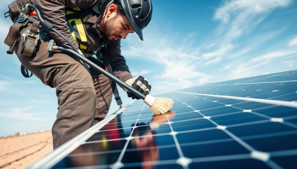 A professional technician carefully inspecting and cleaning a solar panel on a rooftop, equipped with safety gear including gloves and a harness. In the foreground, the technician is focused, using a soft brush to remove dust and debris from the solar panel surface, ensuring no damage occurs. The middle ground features a row of solar panels reflecting sunlight, showcasing their functionality. The background displays a clear blue sky with a few wispy clouds, emphasizing a sunny day ideal for solar energy. Soft, natural lighting accentuates the scene, creating a bright and optimistic atmosphere. The angle is slightly elevated, giving a comprehensive view of both the technician at work and the solar panel array in pristine condition. A professional technician carefully inspecting and cleaning a solar panel on a rooftop, equipped with safety gear including gloves and a harness. In the foreground, the technician is focused, using a soft brush to remove dust and debris from the solar panel surface, ensuring no damage occurs. The middle ground features a row of solar panels reflecting sunlight, showcasing their functionality. The background displays a clear blue sky with a few wispy clouds, emphasizing a sunny day ideal for solar energy. Soft, natural lighting accentuates the scene, creating a bright and optimistic atmosphere. The angle is slightly elevated, giving a comprehensive view of both the technician at work and the solar panel array in pristine condition.