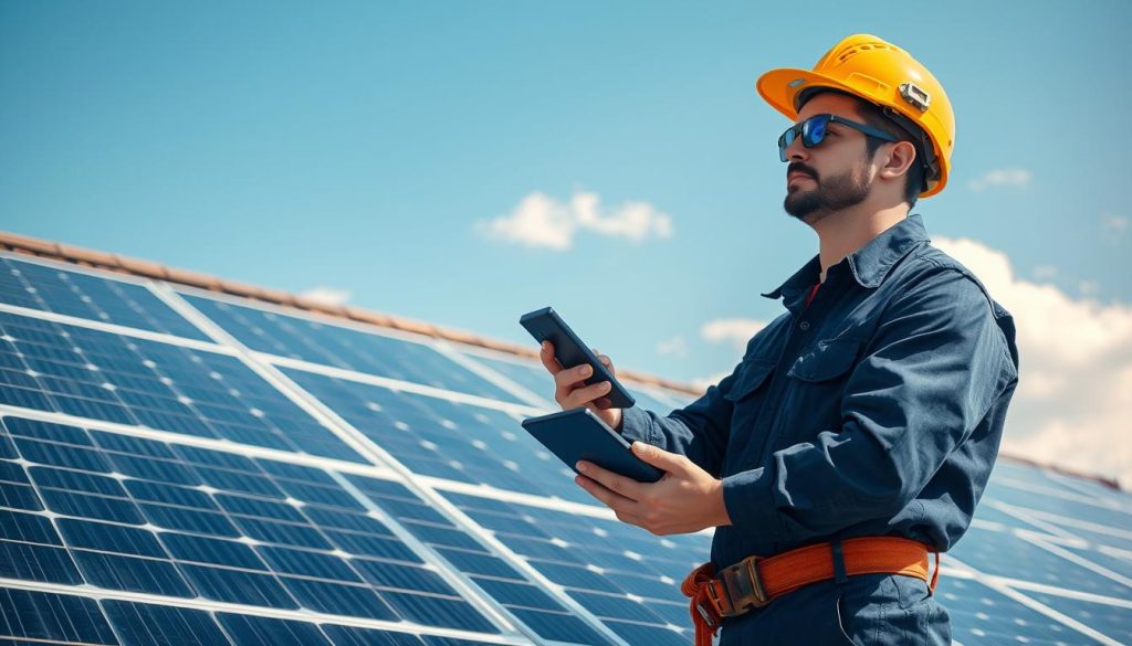 A professional technician inspecting a solar panel installation on a rooftop, focused on ensuring optimal performance and maintenance. In the foreground, the technician, dressed in a navy blue work uniform and safety gear, holds a digital device to analyze data. The middle ground features the solar panels with reflections of sunlight creating a shimmering effect, emphasizing their energy efficiency. In the background, a clear blue sky with a few fluffy clouds provides a serene setting. The scene is well-lit with natural sunlight, enhancing the colors and details of the solar panels. The atmosphere conveys a sense of reliability and security, reflecting the importance of maintenance contracts in protecting investments in renewable energy.