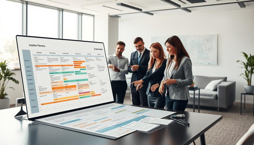 A professional workspace focused on the concept of "installation planning processes." In the foreground, display a large, detailed digital planner with timelines and task lists, showcasing clearly defined stages of an installation project. In the middle ground, illustrate a diverse group of business professionals, men and women in professional attire, engaged in a discussion, pointing at the planner and notes spread across the table. The background should feature a softly lit office with large windows, allowing natural light to flood in, and sleek furniture that conveys a modern, efficient atmosphere. The mood should be collaborative and organized, symbolizing clarity and competitiveness in service delivery. Use a slight aerial angle to capture the entire setup effectively. A professional workspace focused on the concept of "installation planning processes." In the foreground, display a large, detailed digital planner with timelines and task lists, showcasing clearly defined stages of an installation project. In the middle ground, illustrate a diverse group of business professionals, men and women in professional attire, engaged in a discussion, pointing at the planner and notes spread across the table. The background should feature a softly lit office with large windows, allowing natural light to flood in, and sleek furniture that conveys a modern, efficient atmosphere. The mood should be collaborative and organized, symbolizing clarity and competitiveness in service delivery. Use a slight aerial angle to capture the entire setup effectively.